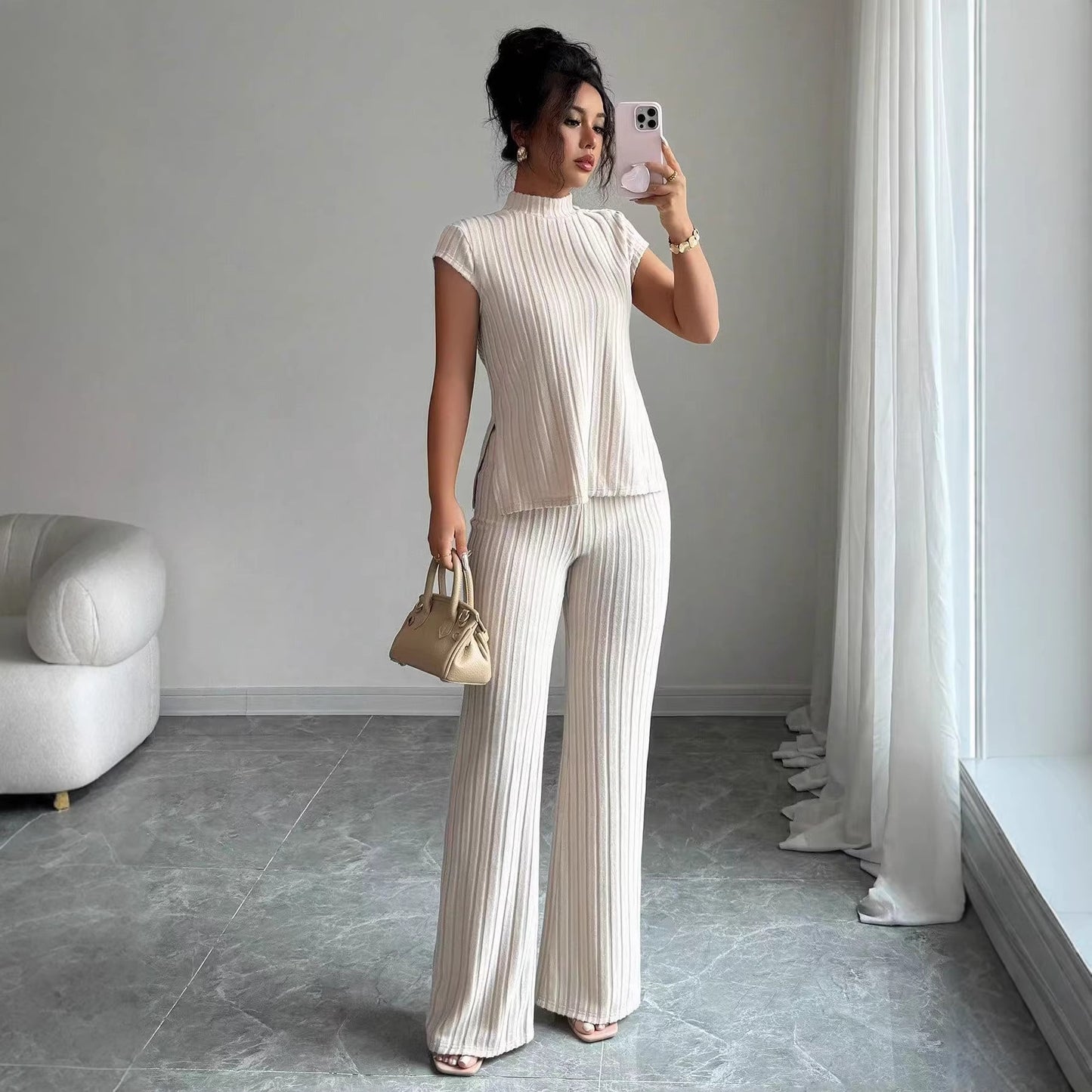 Solid-color Short-sleeve Top And Ribbed Casual Pants Set