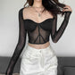 Women's Fashion Long-sleeved Square Neck Mesh See-through Slim T-shirt