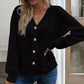 Women's Solid Color Buttons V-neck Loose Long-sleeved T-shirt