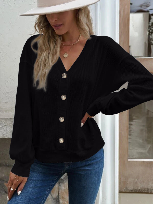 Women's Solid Color Buttons V-neck Loose Long-sleeved T-shirt