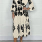 Elegant Printed Stand-up Collar Cinched Long Sleeve Dress