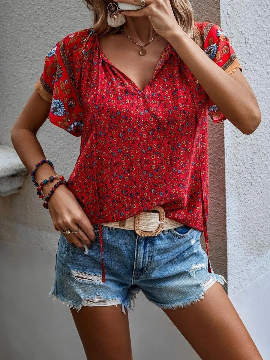European American Summer New Casual National Style Printed V-neck Short Sleeve Loose Shirt