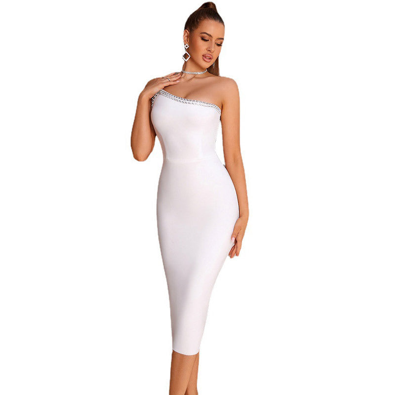 Lady Diagonal Collar Temperament Bandage One-piece Dress