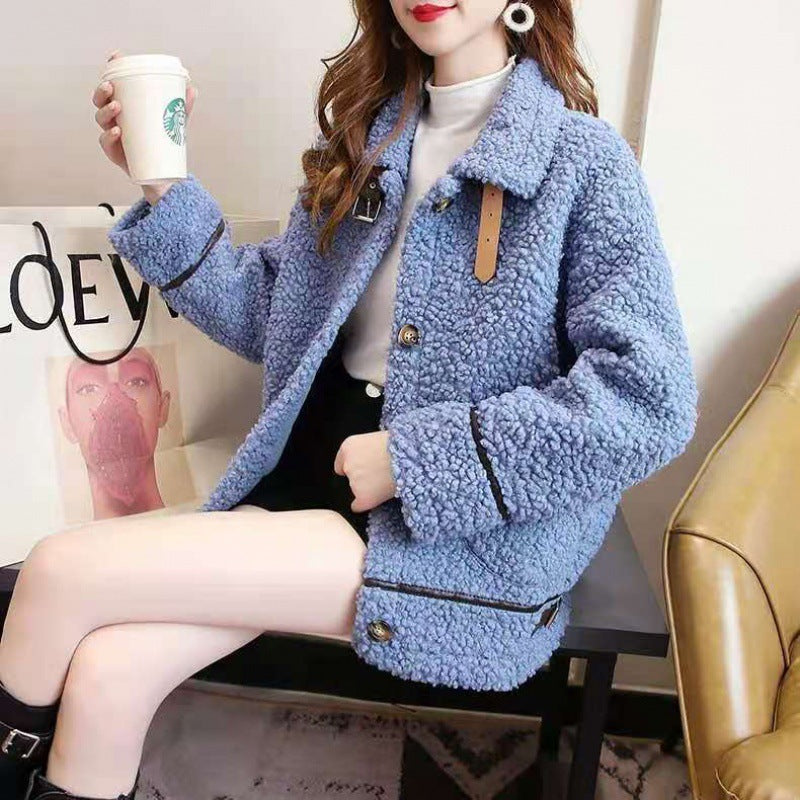 Manteau en laine d'agneau à manches longues pour femme, chaud