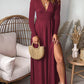 Robe de soirée plissée à manches longues et col en V profond, taille haute, fendue, style club