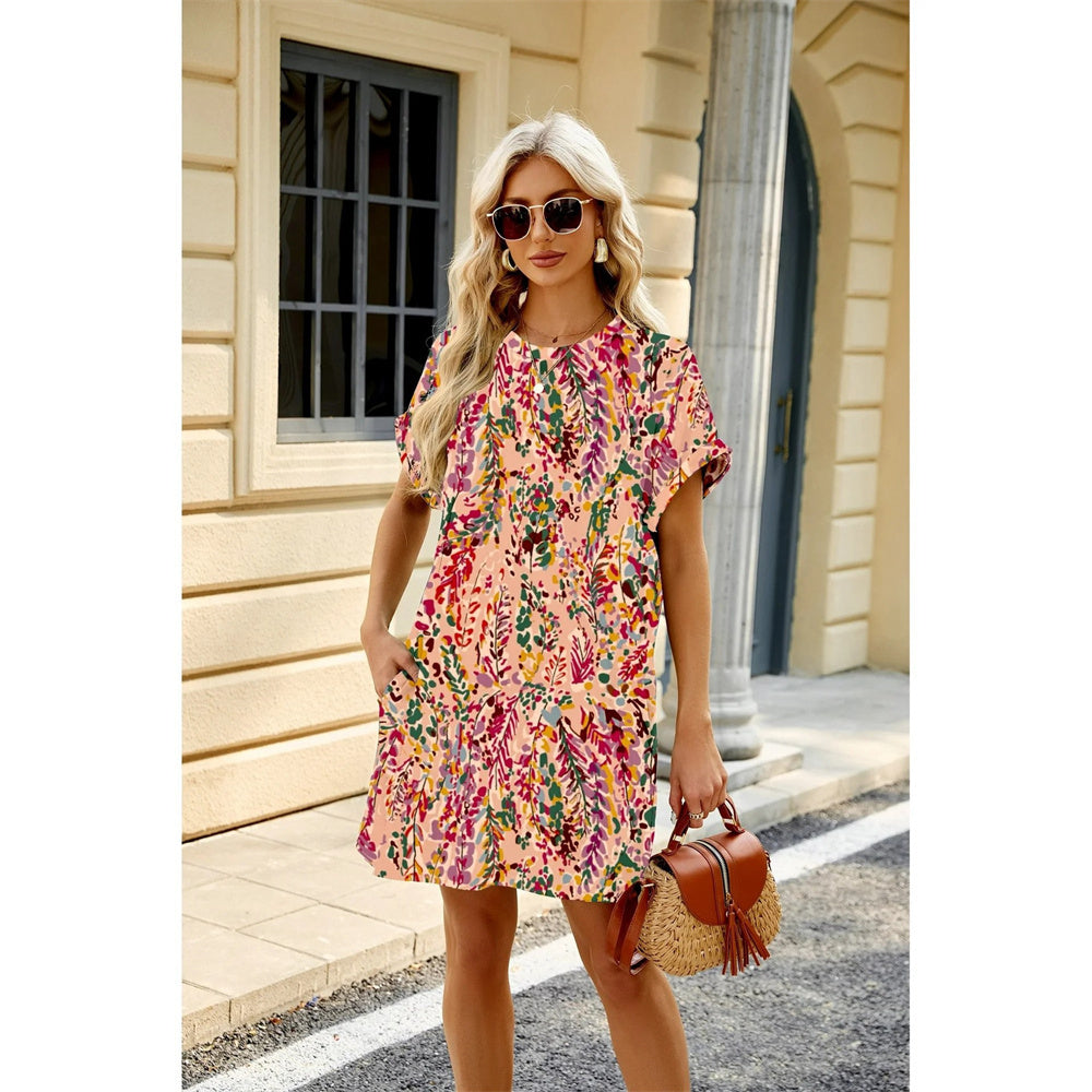 Robe ample imprimée à col rond et manches courtes