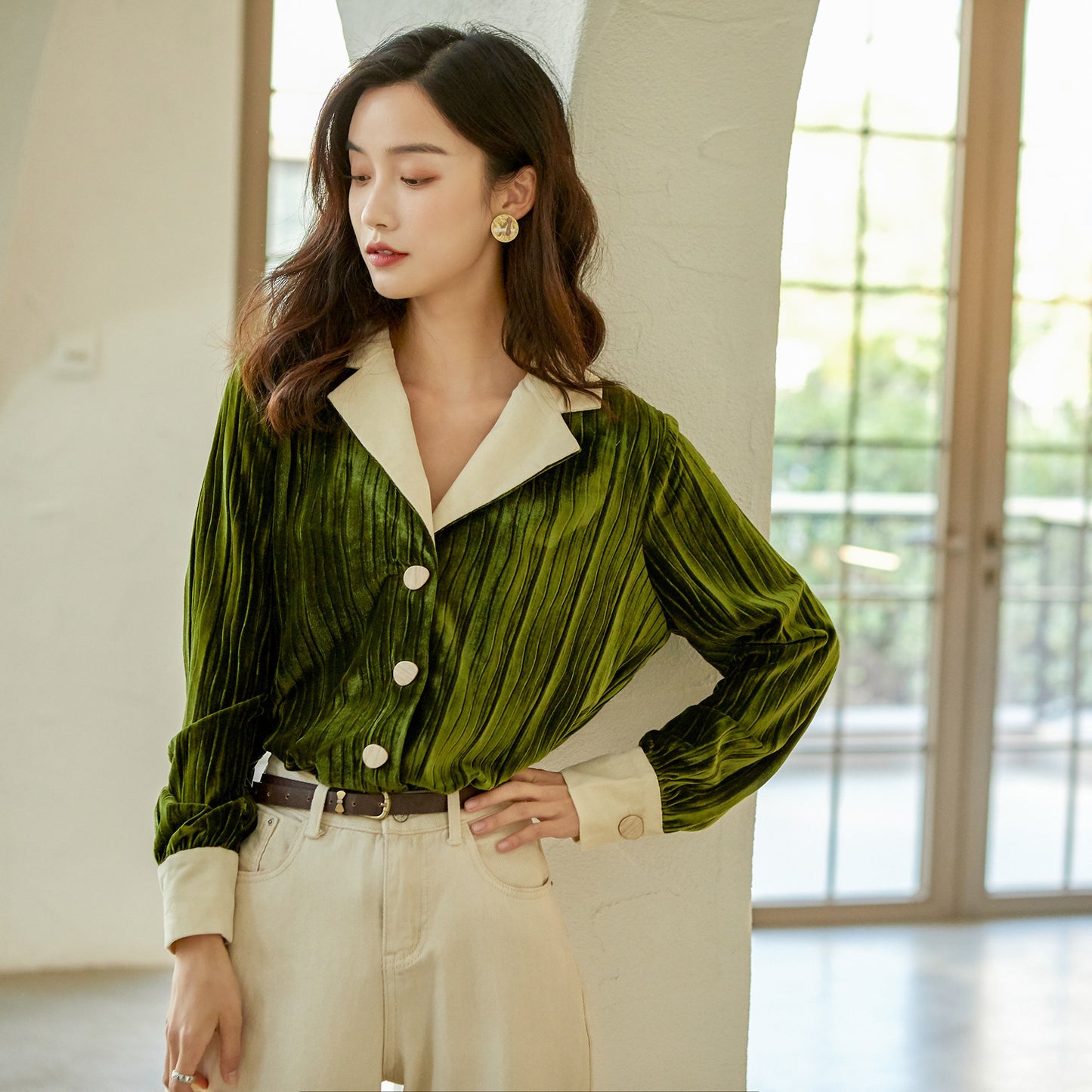 Lantern Sleeve Retro Suit Collar Dark Green Loose Casual Shirt