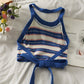 French Care Stripe Cropped Navel Halter Knit Tank Top