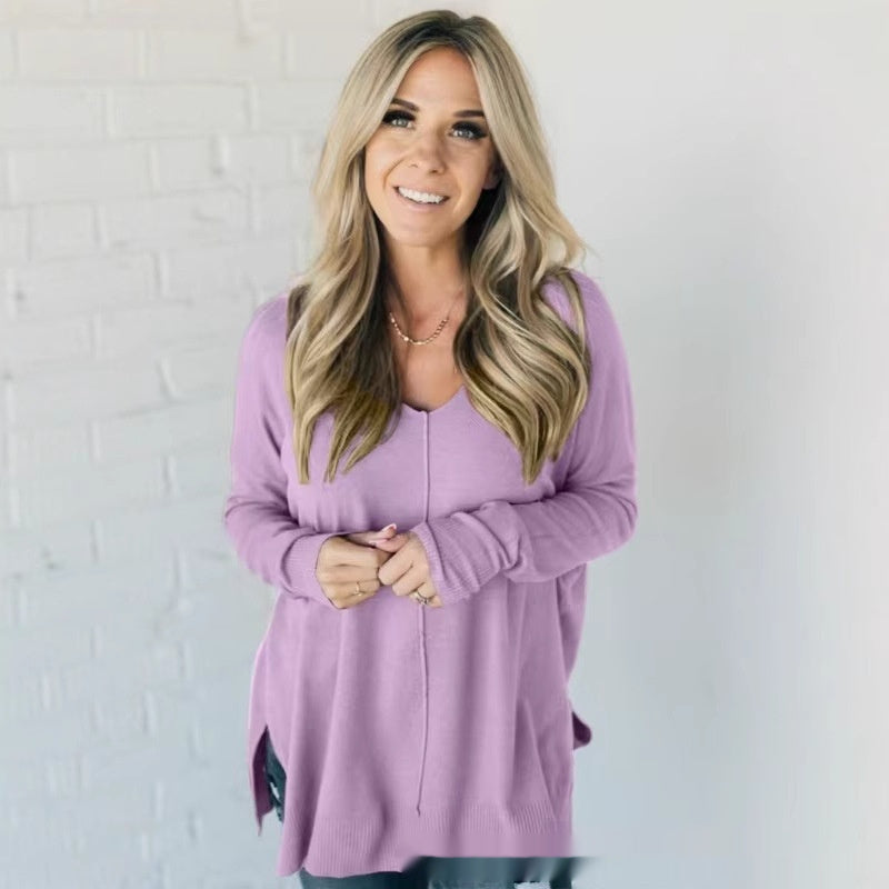 Pull ample à manches longues pour femme, design cousu sur le devant