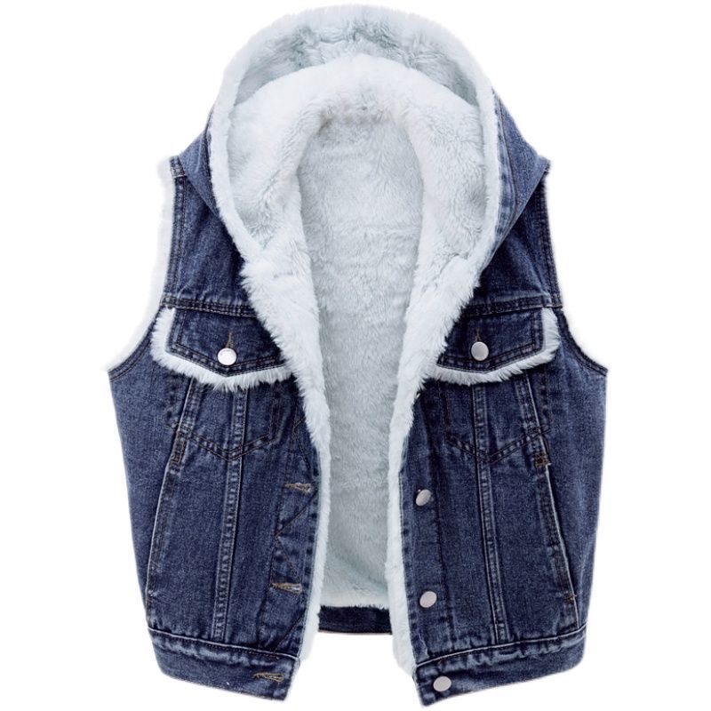 New Denim Vest Fleece-lined Thickened Slim Fit Hooded Cotton Jacket Warm Top Fashion