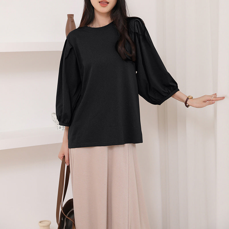 Japanese Cotton T-shirt Women's Breathable Lantern Sleeve