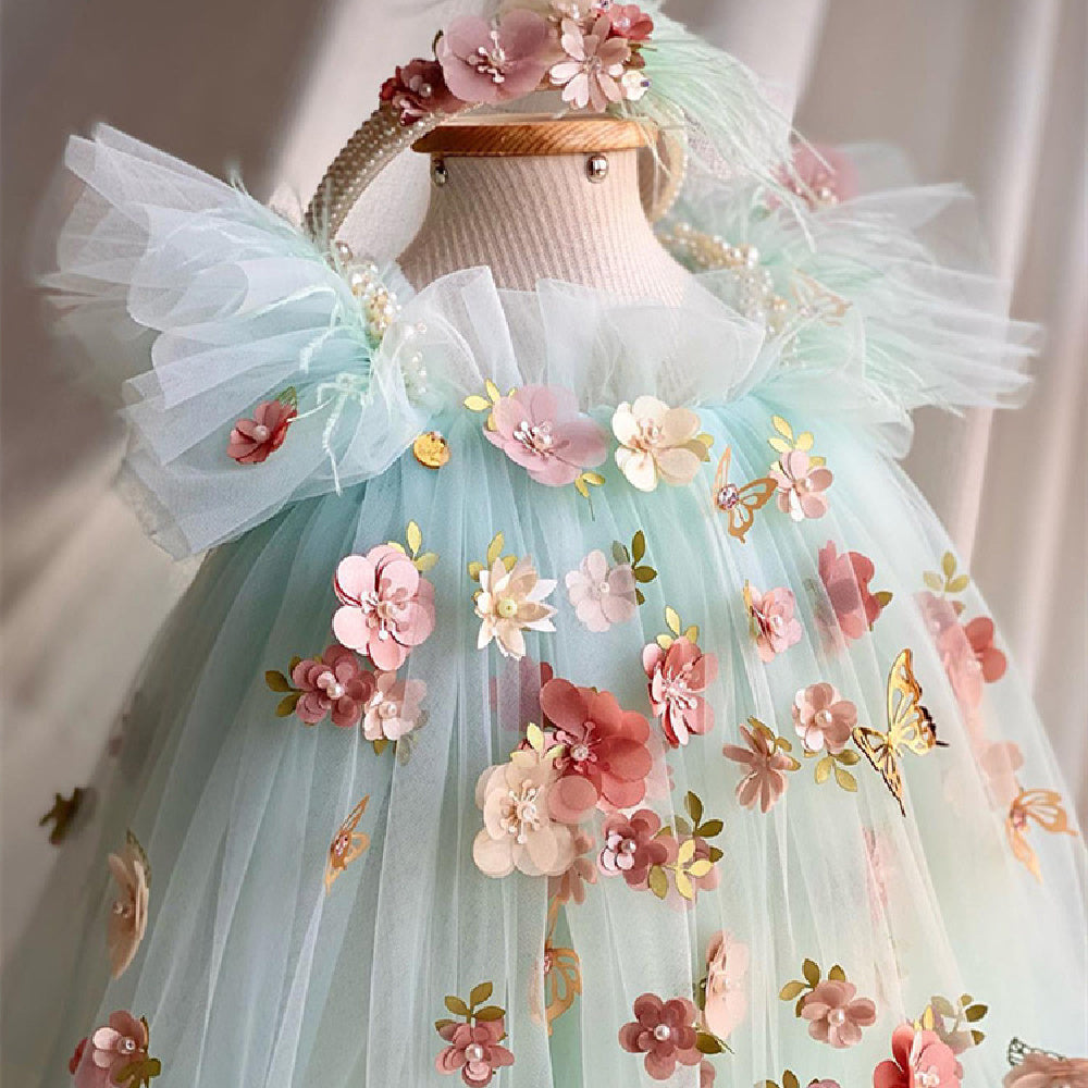 Robe de princesse Lolita pour fille avec motif de fleurs brodées et papillons