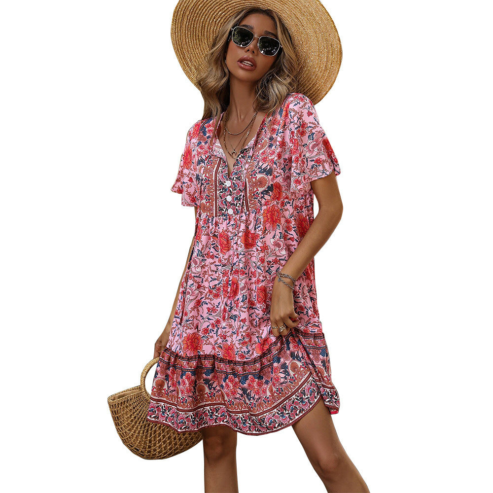 Robe de vacances bohème décontractée et ample à col en V et à petites fleurs, style européen et américain