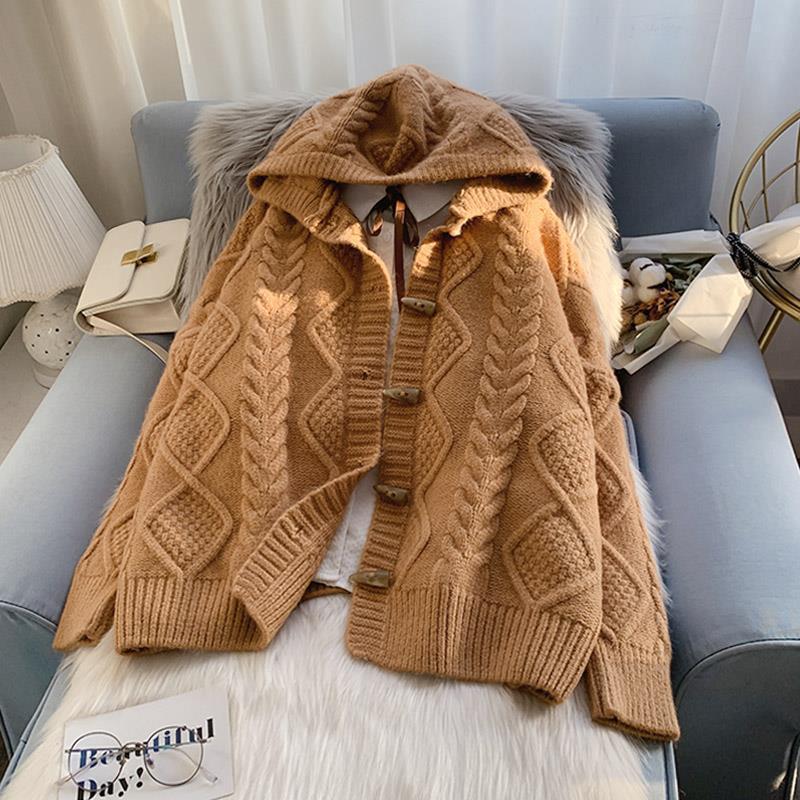Horn Button Hooded Twist Sweater Jacket
