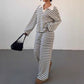 Striped Lapel Fashionable Knitted Loose Long Sleeve Top Casual Trousers Suit