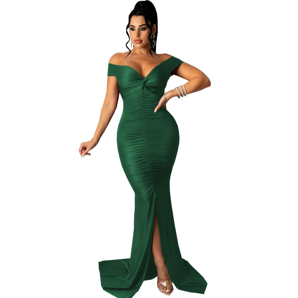 Robe moulante micro-froissée à col en V large et tendance