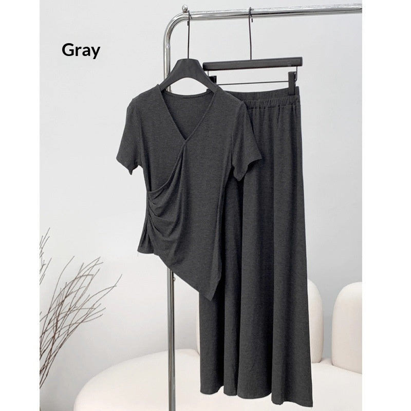 Short-sleeve Top And Drapey Skirt Two-piece Set