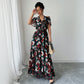 Advanced Minimalist Style Deep V Printed Slit Long Dress Women's Short Sleeve