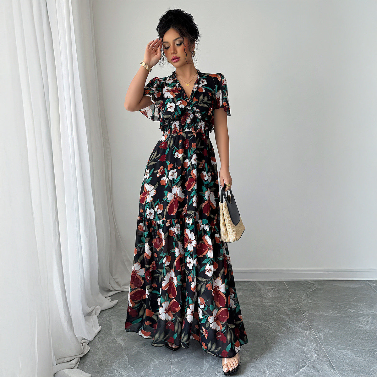 Advanced Minimalist Style Deep V Printed Slit Long Dress Women's Short Sleeve