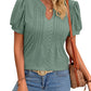 Solid Color V-neck Puff Short-sleeved T-shirt Fashion Summer Striped Hollow Design Loose T-shirt For Womens Clothing