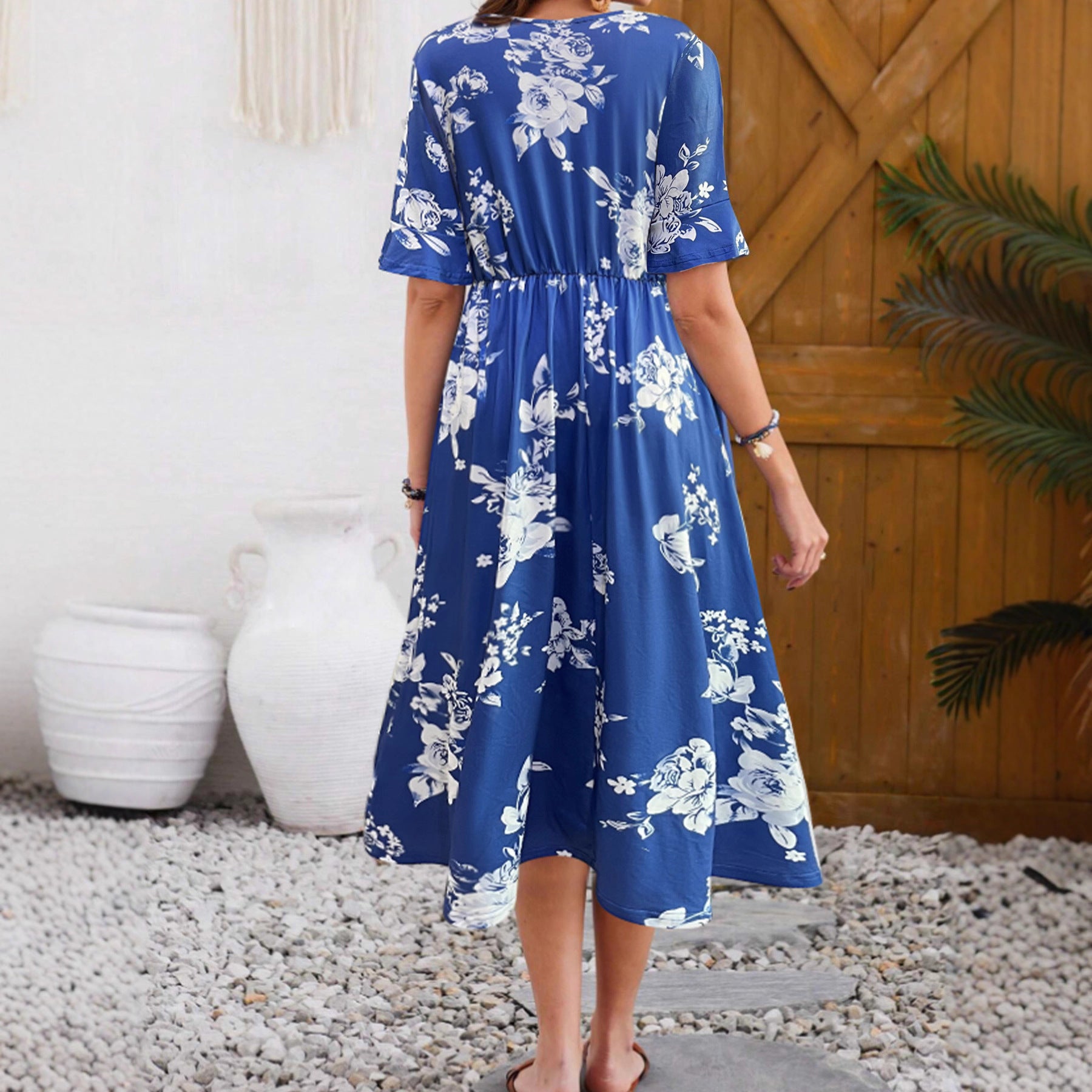 Fashionable Cinched Waist Round Neck Short-sleeve Printed Dress