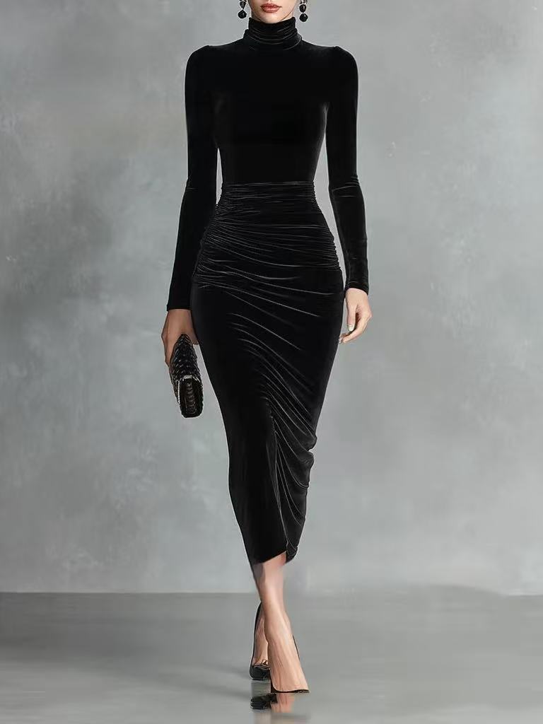 Black Velvet Half Turtleneck Dress Women
