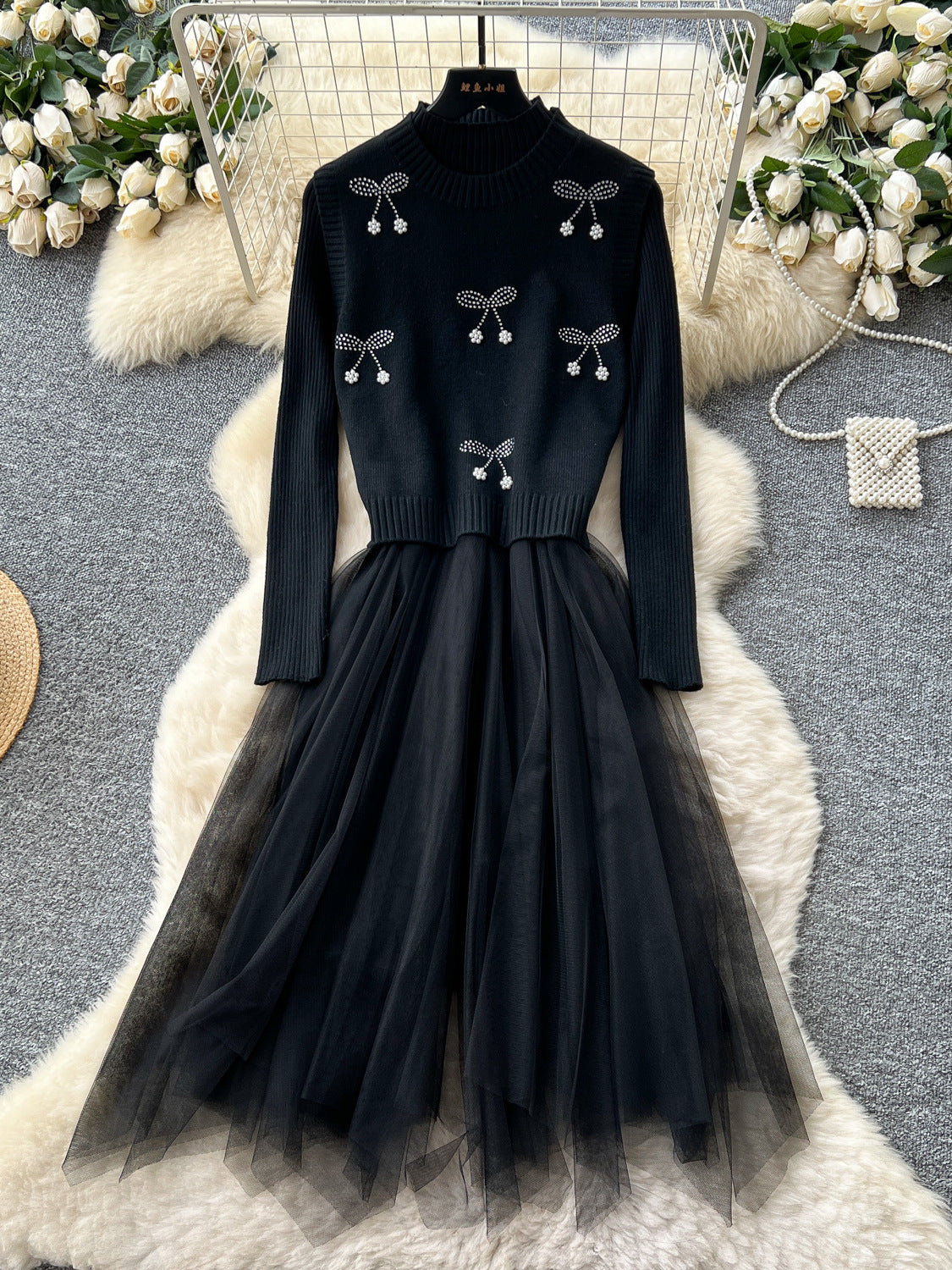 Cherry Vest Long-Sleeve Knitted Patchwork Mesh Dress