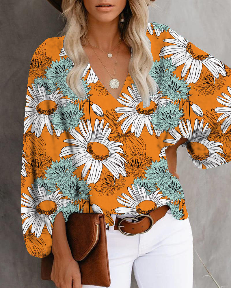 Casual Shirt Printed Lantern Sleeve Top