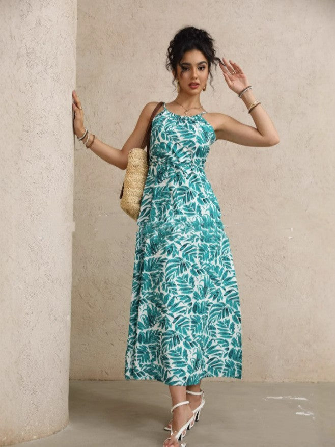 Women's Tie-Neck Floral Print High-Thigh Split Holiday Dress