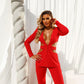 European And American Women's Clothing Midriff Outfit V-neck Long Sleeve Suit Hollow-out Wide-leg Pants