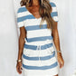 Striped Print Short-sleeved Dresses Summer Fashion V-neck Drawstring Design Short Dress Beach Womens Clothing