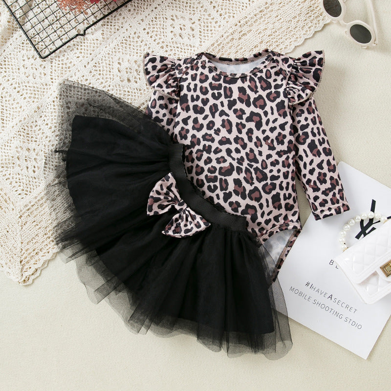 Spring And Autumn Women's Leopard Print Flounced Sleeve Mesh Princess Dress 2-piece Set