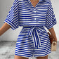 Striped Lapel Cardigan Button Half Sleeve Belt Shorts Suit Jumpsuit