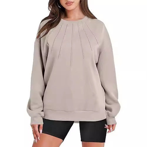 Pull ample et décontracté à col rond et plissé pour femme