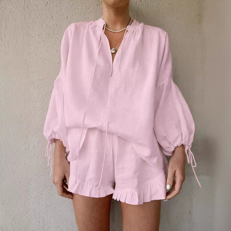 Fashion Cotton And Linen Solid Color Loose V-neck Lantern Sleeve Shorts Two-piece Set