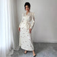New V-neck Puff-sleeved Waist-cinched Satin Dress With A Cherry Print