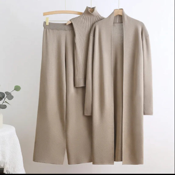 Elastic Waist Wide Leg Pants Knit Three Piece Set