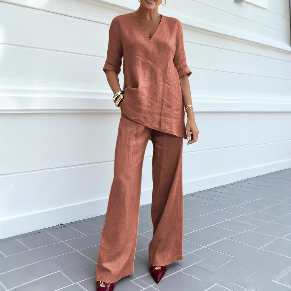 Casual Cotton-Linen Solid-Color Mid-Sleeve V-Neck Top And Straight-Cut Casual Pants Set