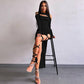 Robe fendue à manches longues et leggings ajourés de couleur unie pour femme