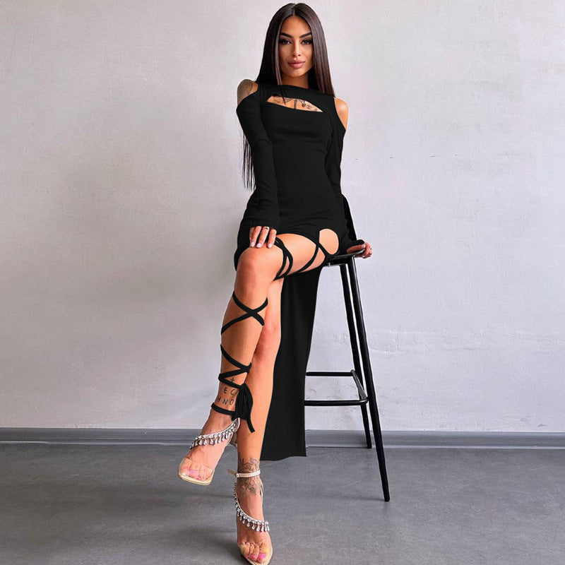 Robe fendue à manches longues et leggings ajourés de couleur unie pour femme