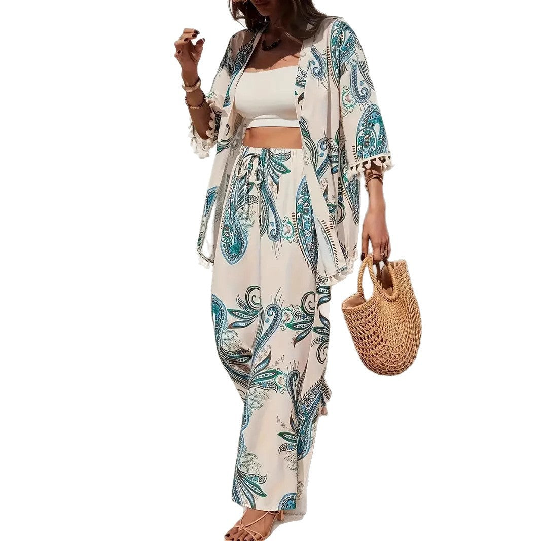 Women's Loose-fit Printed Outfit Cardigan With Fringed Hem And Wide-leg Pants Set