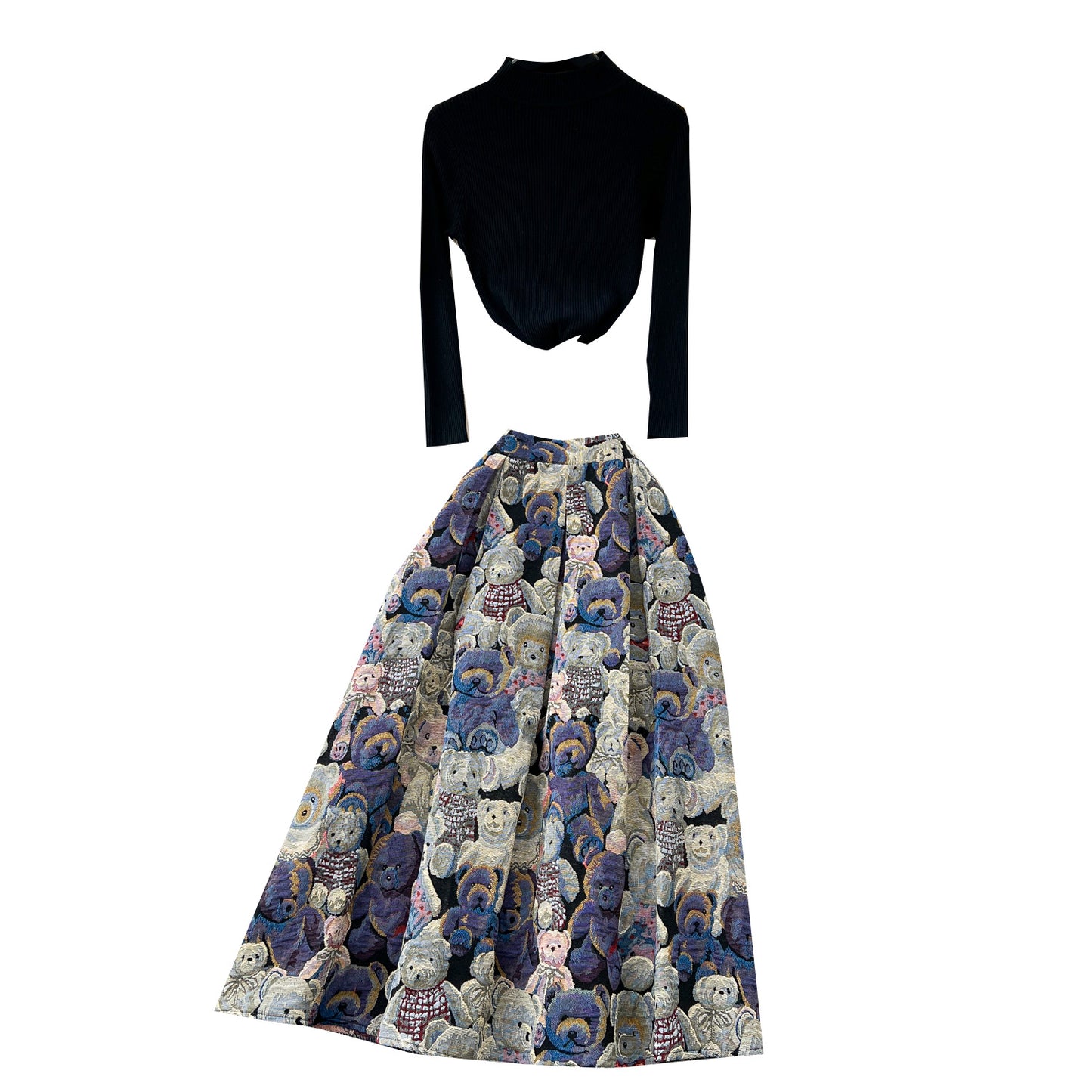 Inner Layer Base Knit Sweater With A Little Bear Jacquard Design High Waist And A Flared Hem
