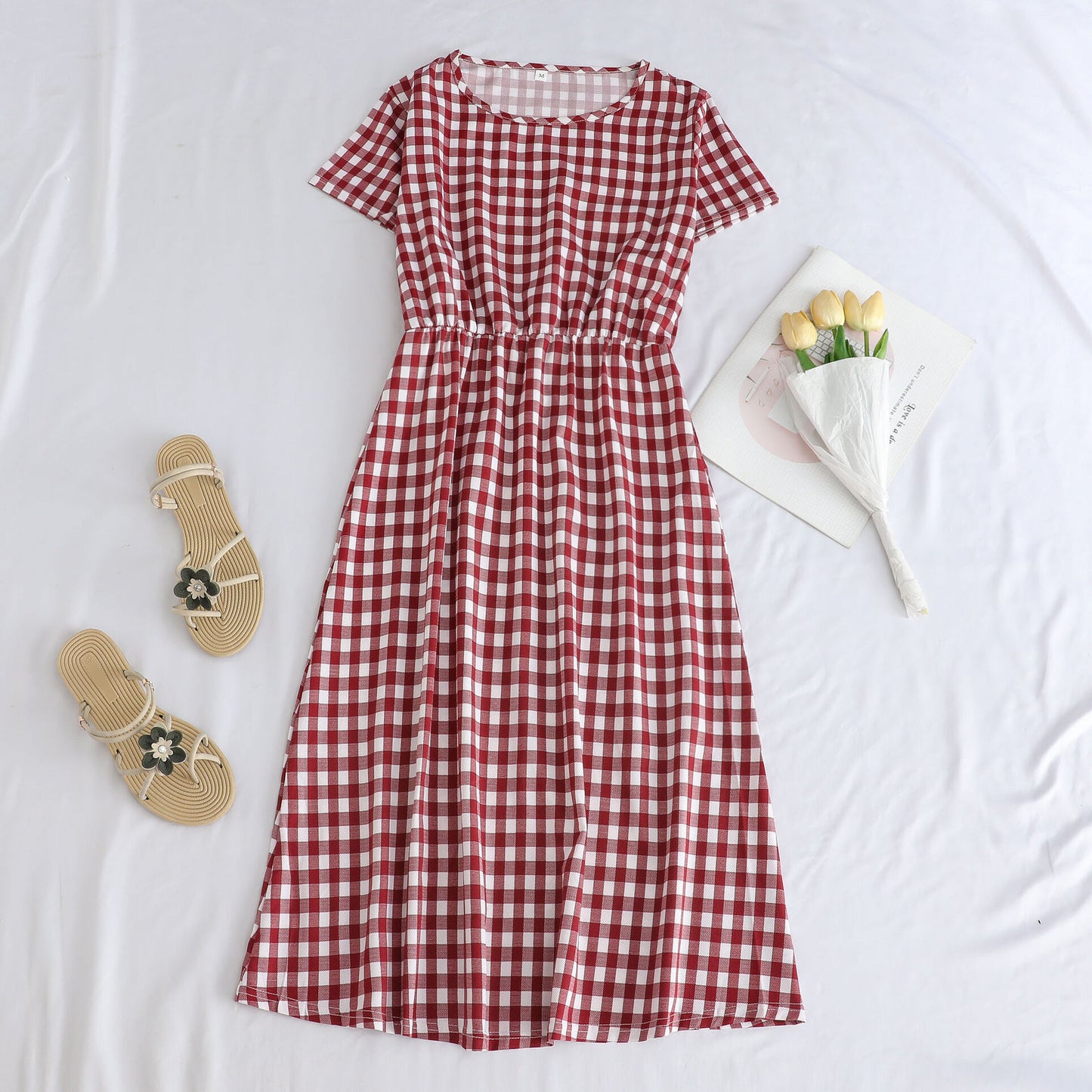 Printed Short-sleeve Waist-cinching Figure-flattering Dress For Petite Frames