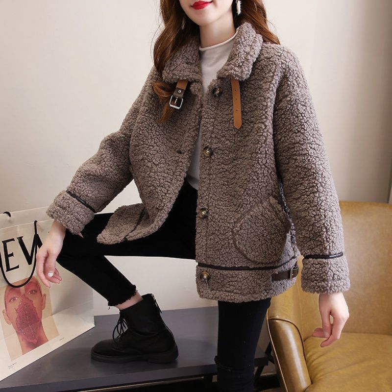 Manteau en laine d'agneau à manches longues pour femme, chaud