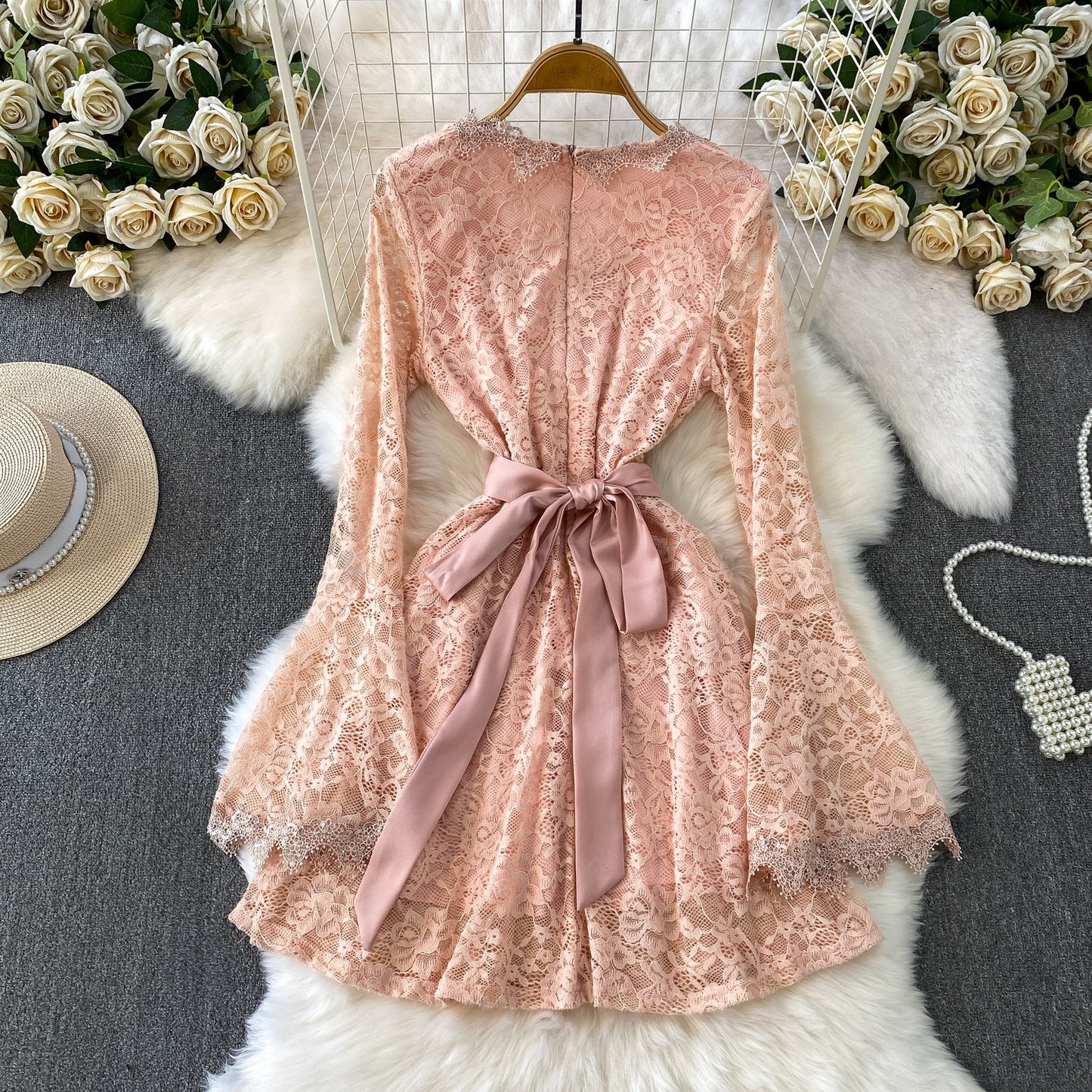 Flocked Lace V-Neck Dress With Diamond Embellishments