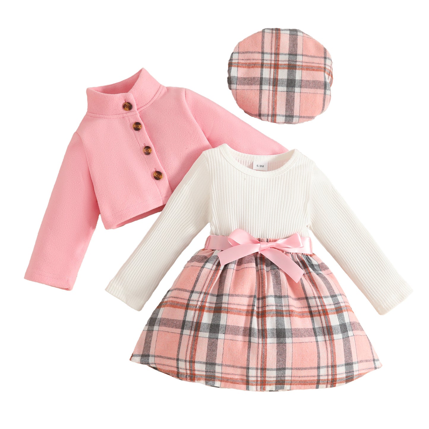 Baby Girl Long Sleeve Stand Collar Wool Coat Plaid Dress Beret Set