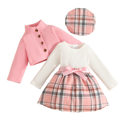 Baby Girl Long Sleeve Stand Collar Wool Coat Plaid Dress Beret Set
