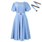 Elegant High-waisted Solid-color Round-neck Dress With Fashionable Balloon Sleeves