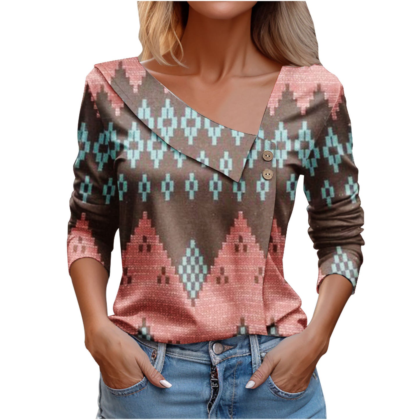 Women's Long-sleeved V-neck Printed T-shirt