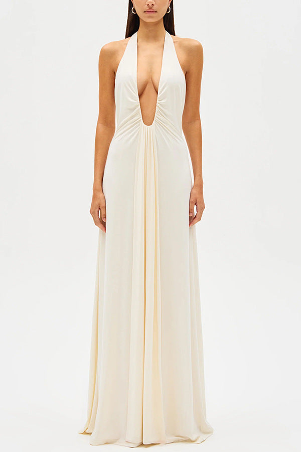 European And American Solid Color See-through Low Cut Sleeveless Dress Women